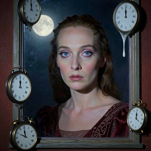 Photograph of a pale-skinned woman with blue eyes, brown hair, and red dress, framed by six clocks showing different times, under a glowing