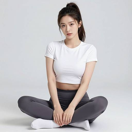 Photograph of an Asian woman with fair skin, black hair in a ponytail, wearing a white crop top, black leggings, and white socks,