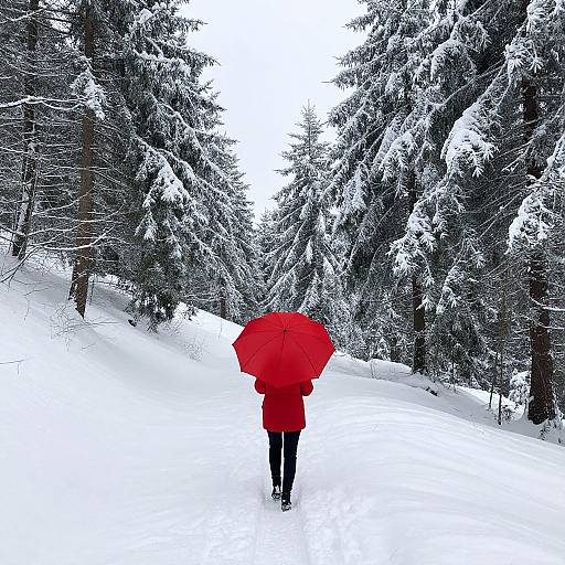 Photograph of a person in a vibrant red coat and umbrella walking through a snow-covered, pine tree-lined forest path.