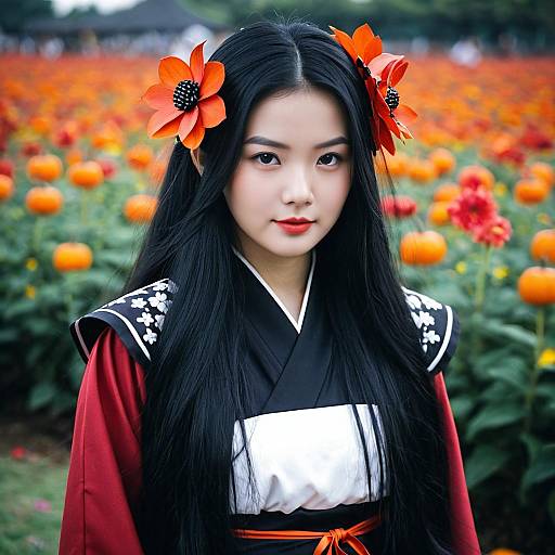 Young Asian Woman in Nezuko Inspired Costume with Flowers