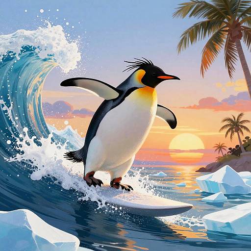 Digital artwork of a penguin surfing a wave at sunset, with palm trees, floating icebergs, and a vibrant orange-blue sky.
