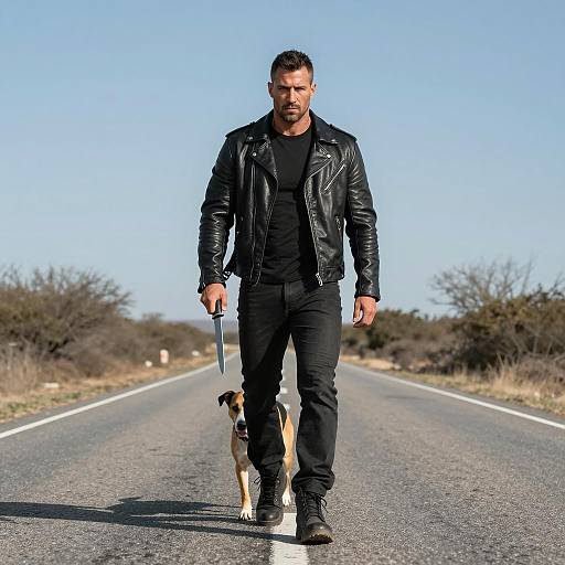 Muscular Man with Knife on Deserted Road