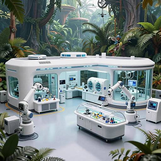 Photorealistic CGI of a futuristic, lush jungle lab with white, high-tech robotic stations, surrounded by vibrant greenery and illuminated by soft, natural