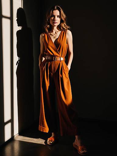 Woman Wearing Terracotta Jumpsuit in Sunlit Room