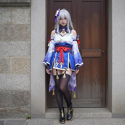Female Cosplayer in Blue and White Kimono