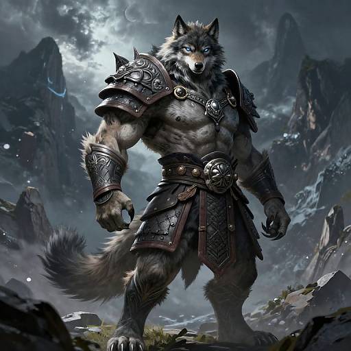 Digital art of a muscular, armored wolf warrior with glowing blue eyes, standing in a mountainous, cloudy landscape. Dark fur, intricate metal armor,