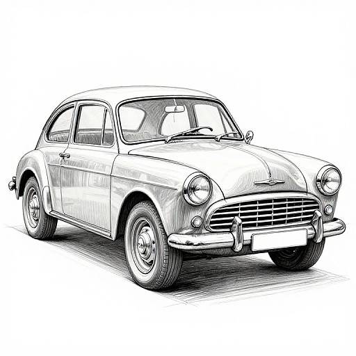 Black-and-white sketch of a classic, vintage car with rounded headlights, chrome grille, and vintage bumper, viewed from a slight front-left angle.