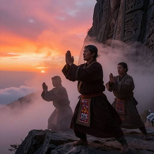 Photograph: Three Asian men in traditional brown robes and embroidered aprons, standing on a misty mountain ledge, hands raised, silhouetted