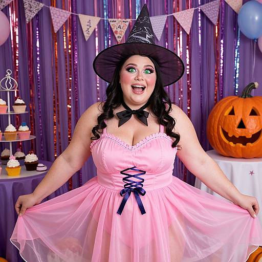 Photograph of a smiling, curvy woman in a pink dress and witch hat, holding her skirt, surrounded by Halloween decorations.