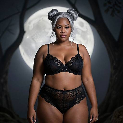 Photograph of a plus-sized Black woman with silver hair in double buns, wearing black lace lingerie, standing in front of a full moon against a