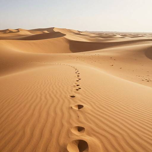 Photograph of a sunlit desert with rippled orange sand dunes, footprints trailing from foreground to distant hills under a bright sky.