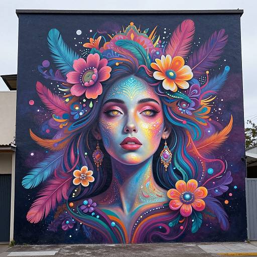Vibrant digital mural of a blue-skinned woman with colorful feathers, flowers, and intricate patterns on her face, set against a dark background.