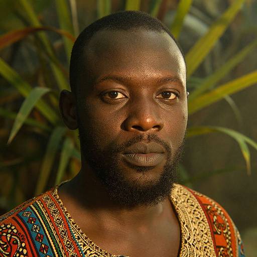 Photograph of a serious, dark-skinned African man with a short beard, wearing an intricate, colorful traditional robe, set against a background of green