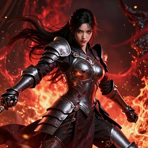 Digital artwork of a fierce, armored woman with long black hair, wielding a sword, against a fiery, red-hued background. Her intense gaze and