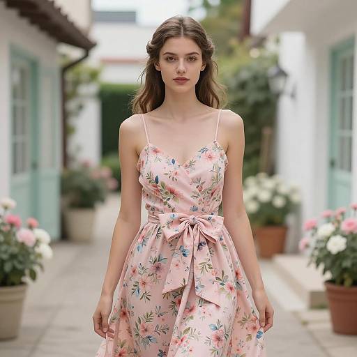 Young woman in pink floral dress in flower-filled alley