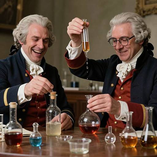 Photograph of two elderly white men with gray hair, wearing 18th-century-style red coats and white cravats, laughing while mixing colorful liquids