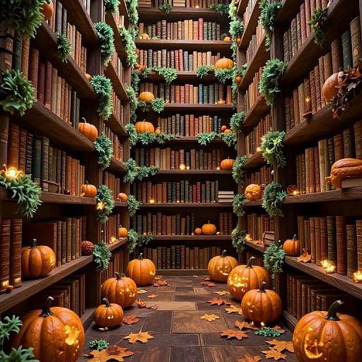 Photograph of a dimly lit, wooden library aisle decorated with green garlands, carved pumpkins, candles, and autumn leaves for a Halloween theme