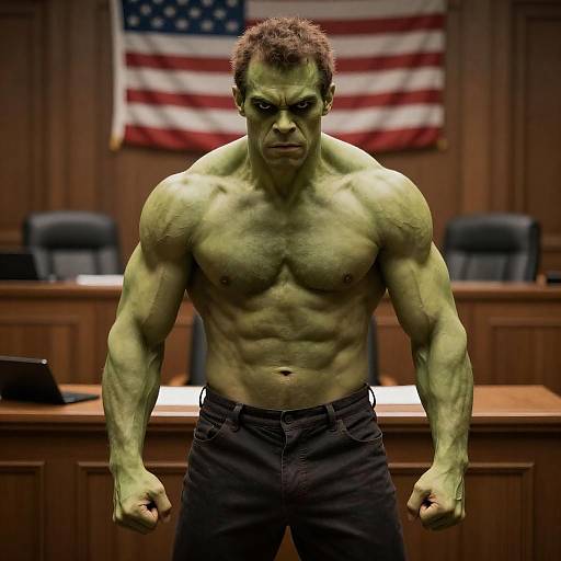 Green-Skinned Muscle Man in Courtroom