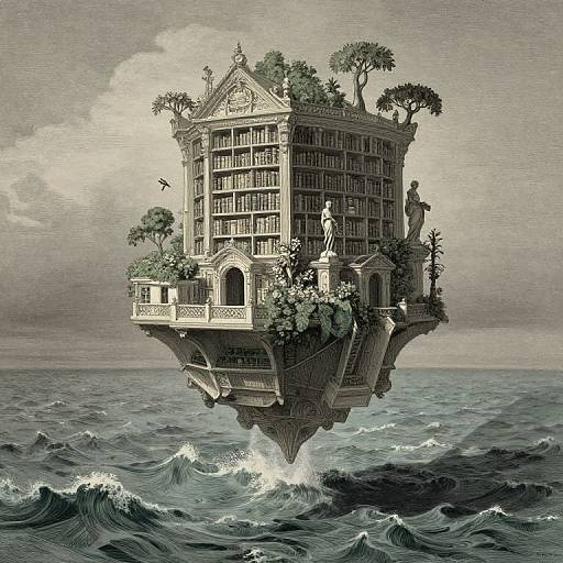 Fantastical, intricately detailed, floating library island with towering trees, statues, and arched balconies, rising from turbulent ocean waves in a