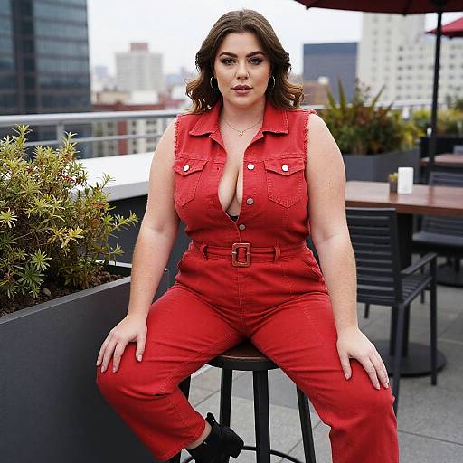 Photograph of a confident, curvy woman with fair skin and dark brown hair, wearing a red, sleeveless button-up jumpsuit with a belt