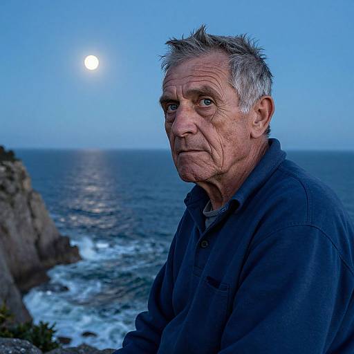 Photograph of an elderly man with gray hair and wrinkled skin, wearing a dark blue shirt, standing by a seaside cliff under a full moon.