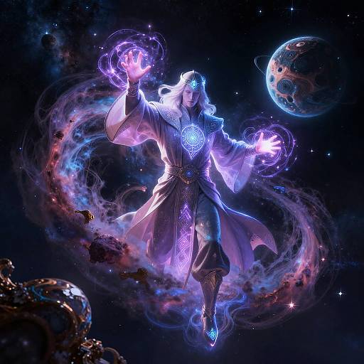 Cosmic Sorcerer Casting Glowing Spells