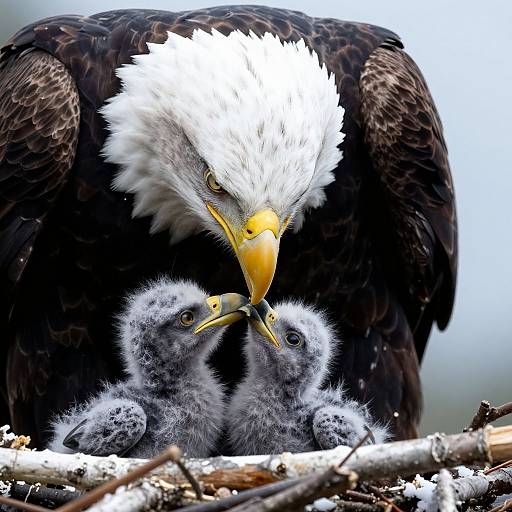 Photograph of a bald eagle with a white head and yellow beak, gently touching beaks with two fluffy grey eaglet chicks on a snowy branch