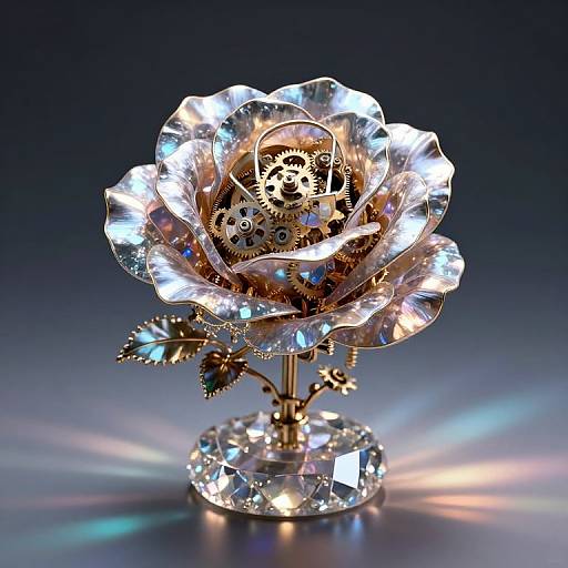 Photograph of a crystal rose lamp with illuminated petals, revealing intricate gears inside, set against a dark gradient background.