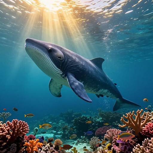 Photograph of a majestic whale shark swimming gracefully in a vibrant, sunlit underwater coral reef, surrounded by colorful fish and coral.