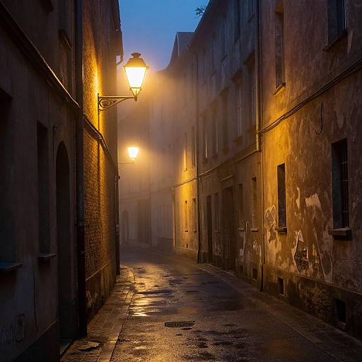 Misty Alleyway with Warm Streetlamps