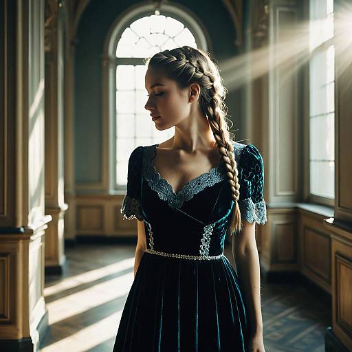 Woman with Lace Braid in Velvet Dress in Romantic Hall