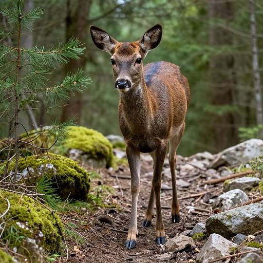 Photograph of a young deer with brown fur and black-tipped ears standing on a mossy, rocky forest path, surrounded by pine trees.