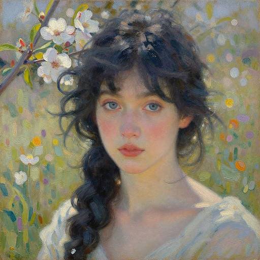 Impressionistic painting of a young woman with pale skin, blue eyes, and dark curly hair, surrounded by colorful flowers and soft sunlight.