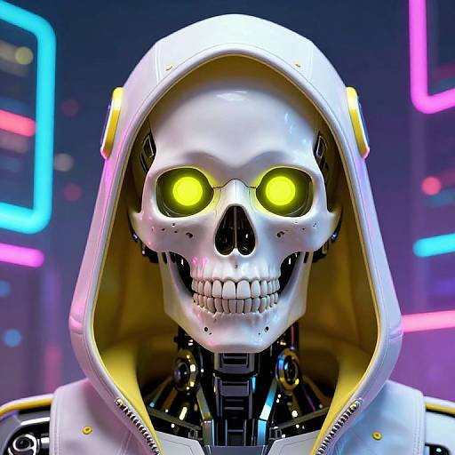 CGI image of a glowing yellow-eyed robot skull in a white hooded jacket, set against a neon-lit urban background.