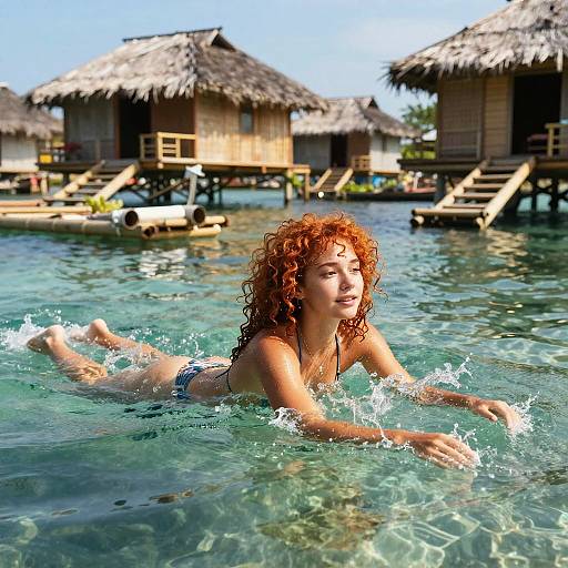 Vivacious Woman Swimming Near Bamboo Huts