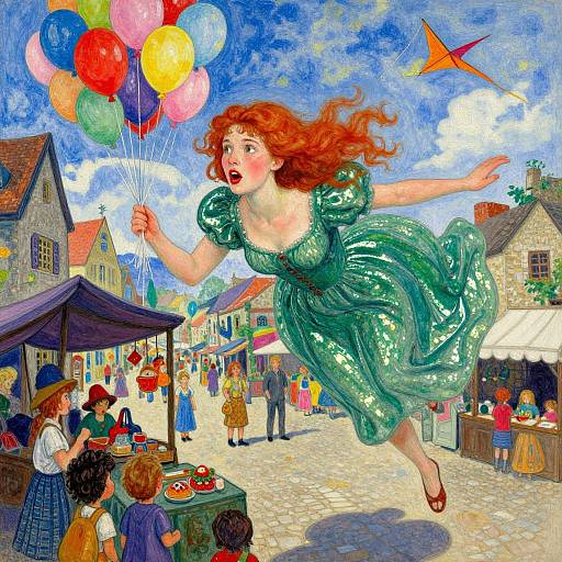 Vibrant, impressionist-style painting of a red-haired woman in a green dress flying with colorful balloons in a bustling village market. Children and shoppers