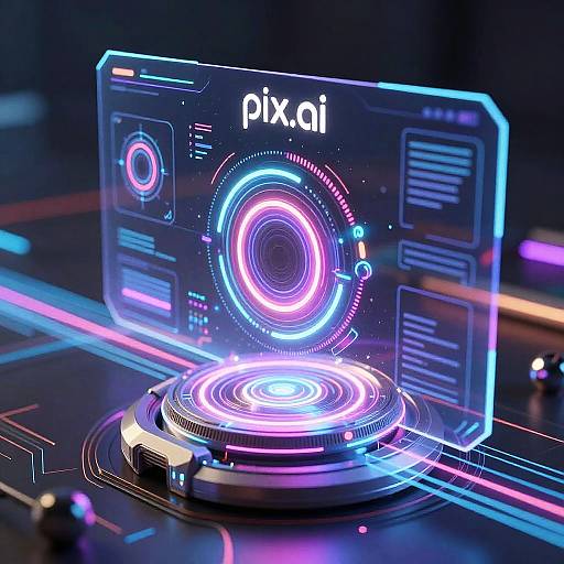Digital illustration of a futuristic, neon-lit PIX.ai interface with glowing circular patterns on a dark, reflective surface. Bright blue, pink, and purple