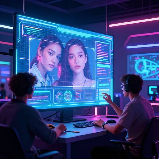 Photograph of a man in glasses using a computer with a neon-lit screen displaying two Asian faces, in a futuristic, dimly lit room with