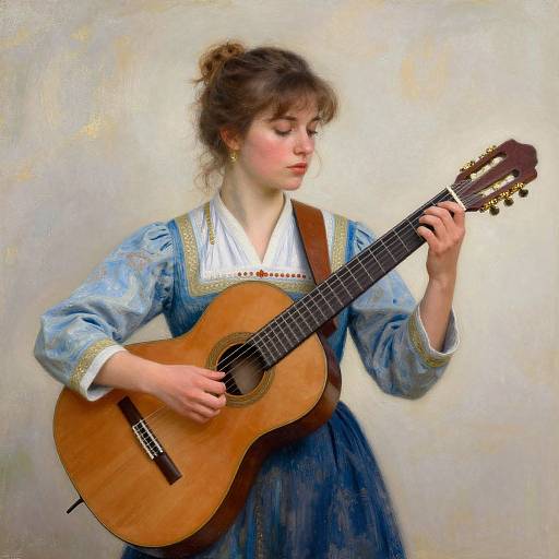 Photorealistic painting of a young woman with fair skin and brown hair in an updo, wearing a blue dress with gold trim, playing a wooden