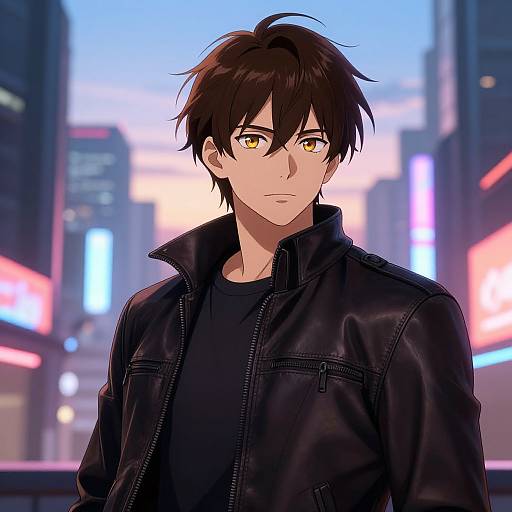 Anime Man in Futuristic Cityscape