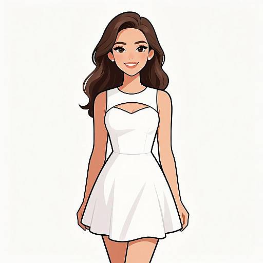 Digital anime-style drawing of a smiling woman with long brown hair, wearing a sleeveless white dress, standing against a plain white background.