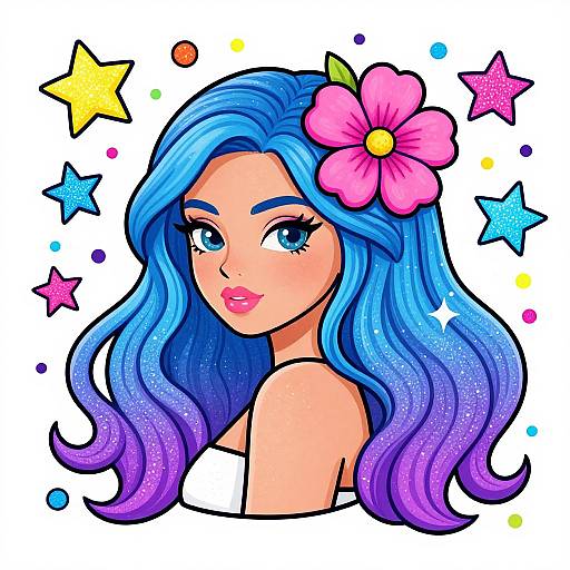 Digital drawing of a cute, blue-haired woman with a pink flower in her hair, vibrant stars, and purple gradient hair.