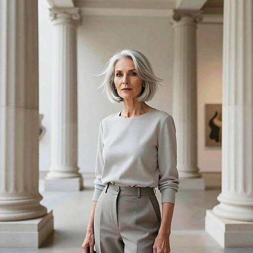 Digital portrait of an elderly woman with silver bob hair, wearing a light gray blouse and high-waisted pants, standing in a classical, columned