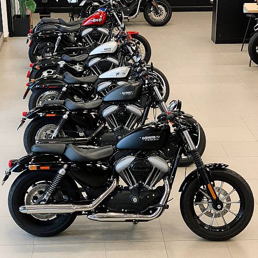 Photograph of five shiny black Yamaha motorcycles in a showroom, lined up in a row, with white tile floor and sleek modern decor in the background.