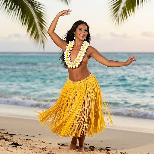 Photograph of a smiling, topless woman with dark skin and long black hair, wearing a yellow grass skirt and white flower lei, dancing on a