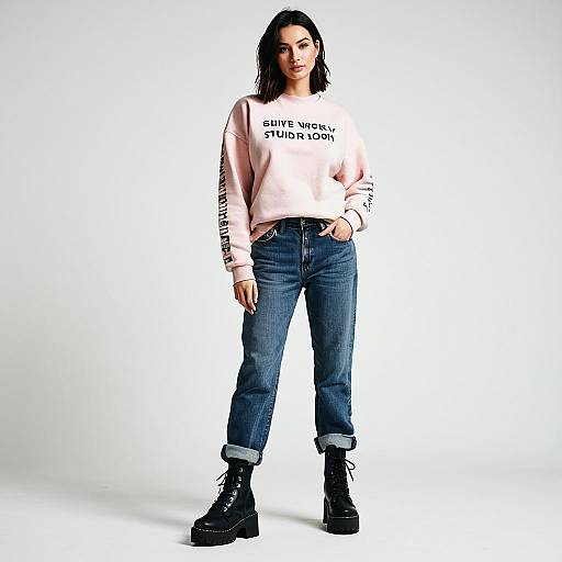 Stylish woman in pink sweatshirt and denim jeans