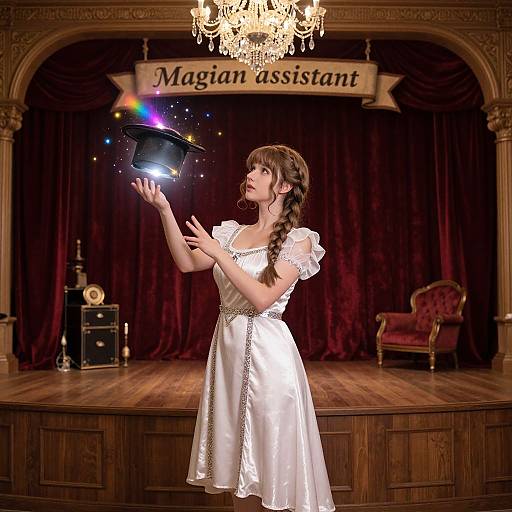 Digital artwork of a woman in a white satin dress, with braided hair, holding a glowing black box, on a vintage stage with 