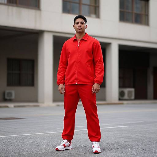 Photograph of a young man with short black hair, medium build, wearing a bright red tracksuit and white sneakers, standing confidently in an urban parking