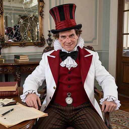 Photograph of a Victorian-era magician in red and white attire with black bow tie and top hat, seated in ornate room.