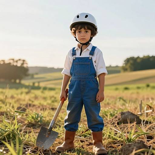 Determined Boy in Rural Field